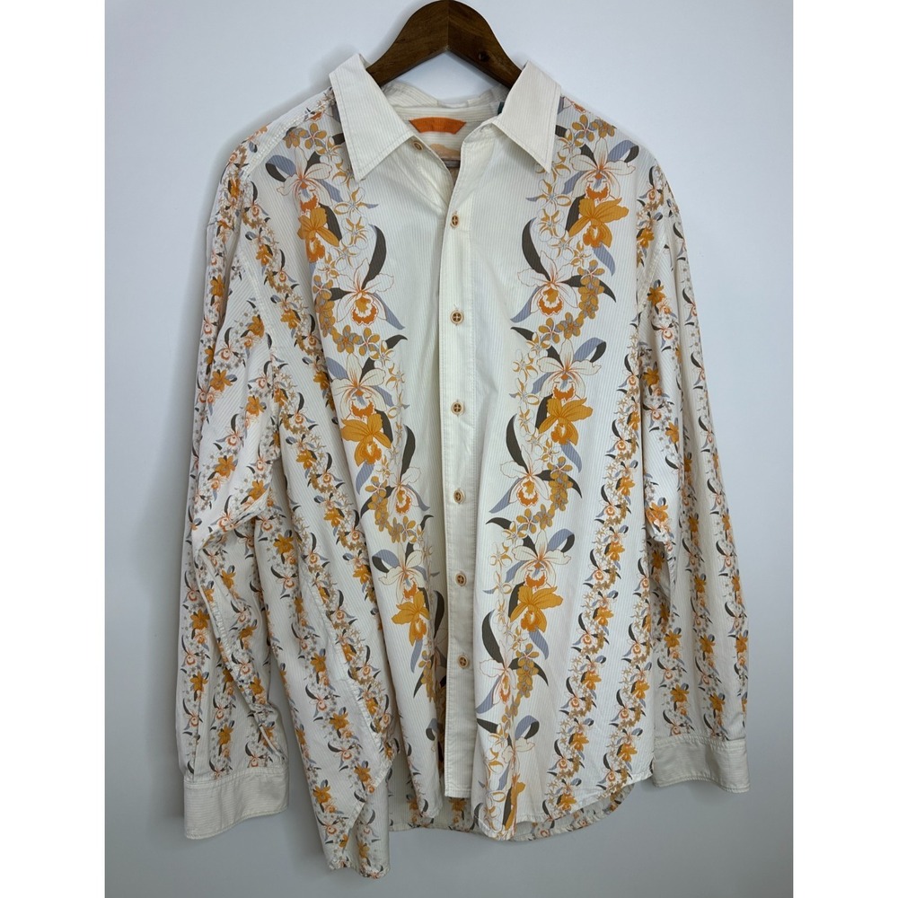Tommy Bahama Orchid Floral Stripe Cotton Silk Shirt Men XL Ivory Hawaiian Resort - Picture 7 of 11
